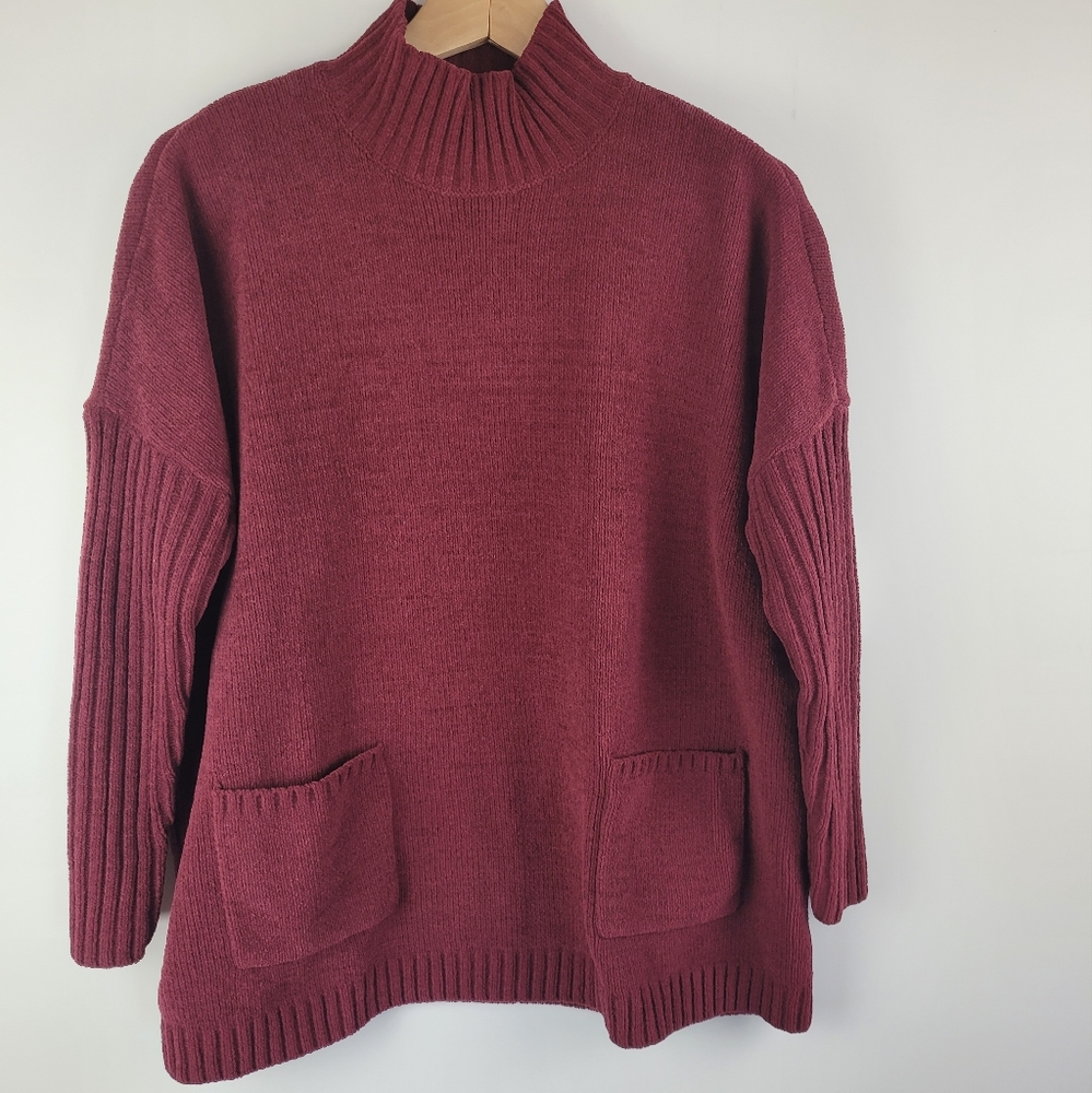 J. JILL Chenille Sweater Chalet Red S Petite Mock Burgandy Grandma Minimalist